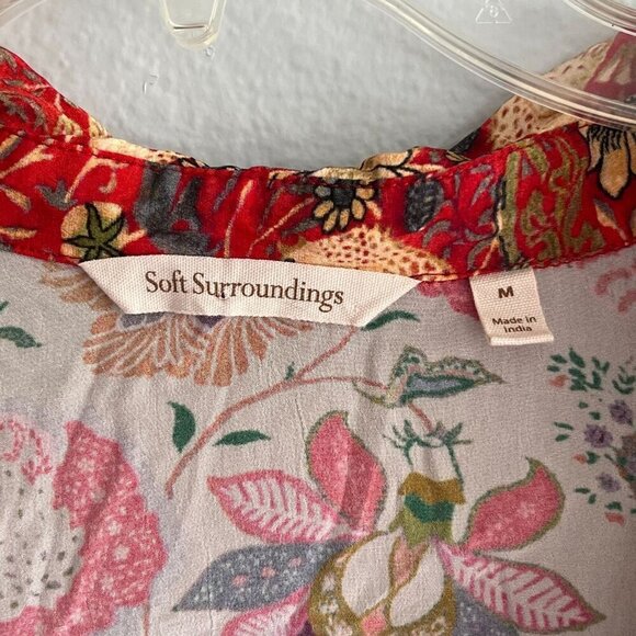 Soft Surroundings Afternoon Tea Floral Tunic Blouse Size Medium Orange Green Tan - Picture 6 of 10